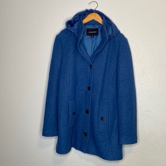 Lands' End Jackets & Blazers - Lands End blue wool blend peacoat with hood size 16